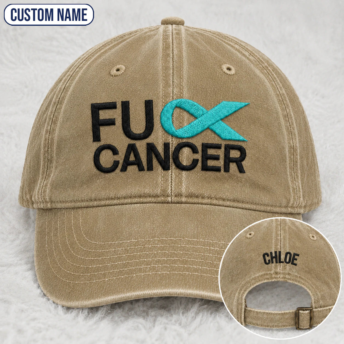 Personalized Fc Ribbon Teal Ribbon Embroidered Washed Cap