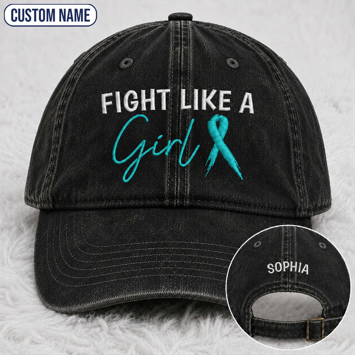 Personalized Fight Like A Girl Teal Ribbon Embroidered Washed Cap