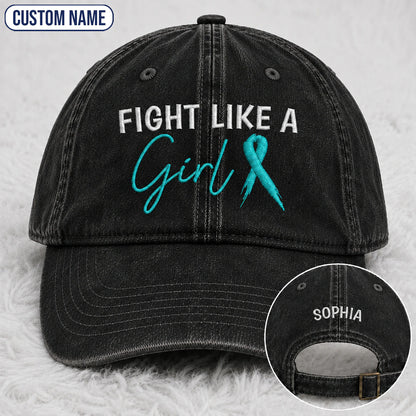Personalized Fight Like A Girl Teal Ribbon Embroidered Washed Cap