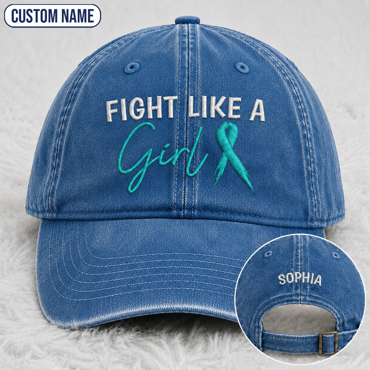Personalized Fight Like A Girl Teal Ribbon Embroidered Washed Cap
