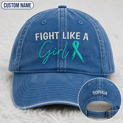 Personalized Fight Like A Girl Teal Ribbon Embroidered Washed Cap