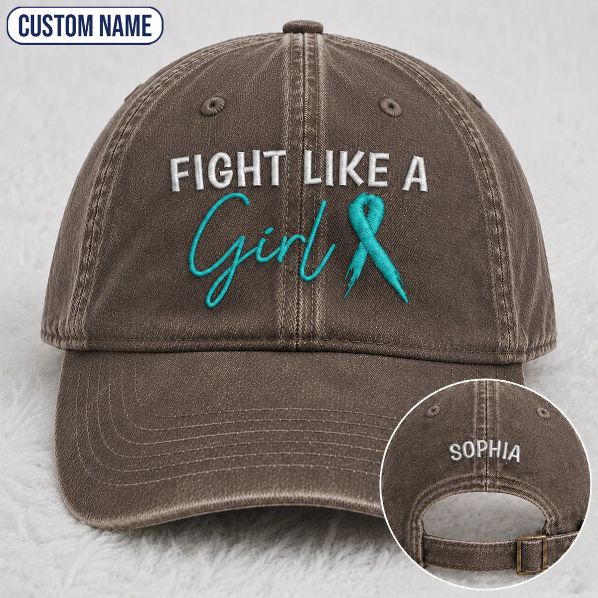 Personalized Fight Like A Girl Teal Ribbon Embroidered Washed Cap