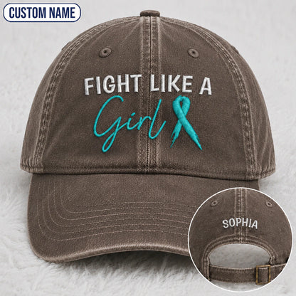 Personalized Fight Like A Girl Teal Ribbon Embroidered Washed Cap