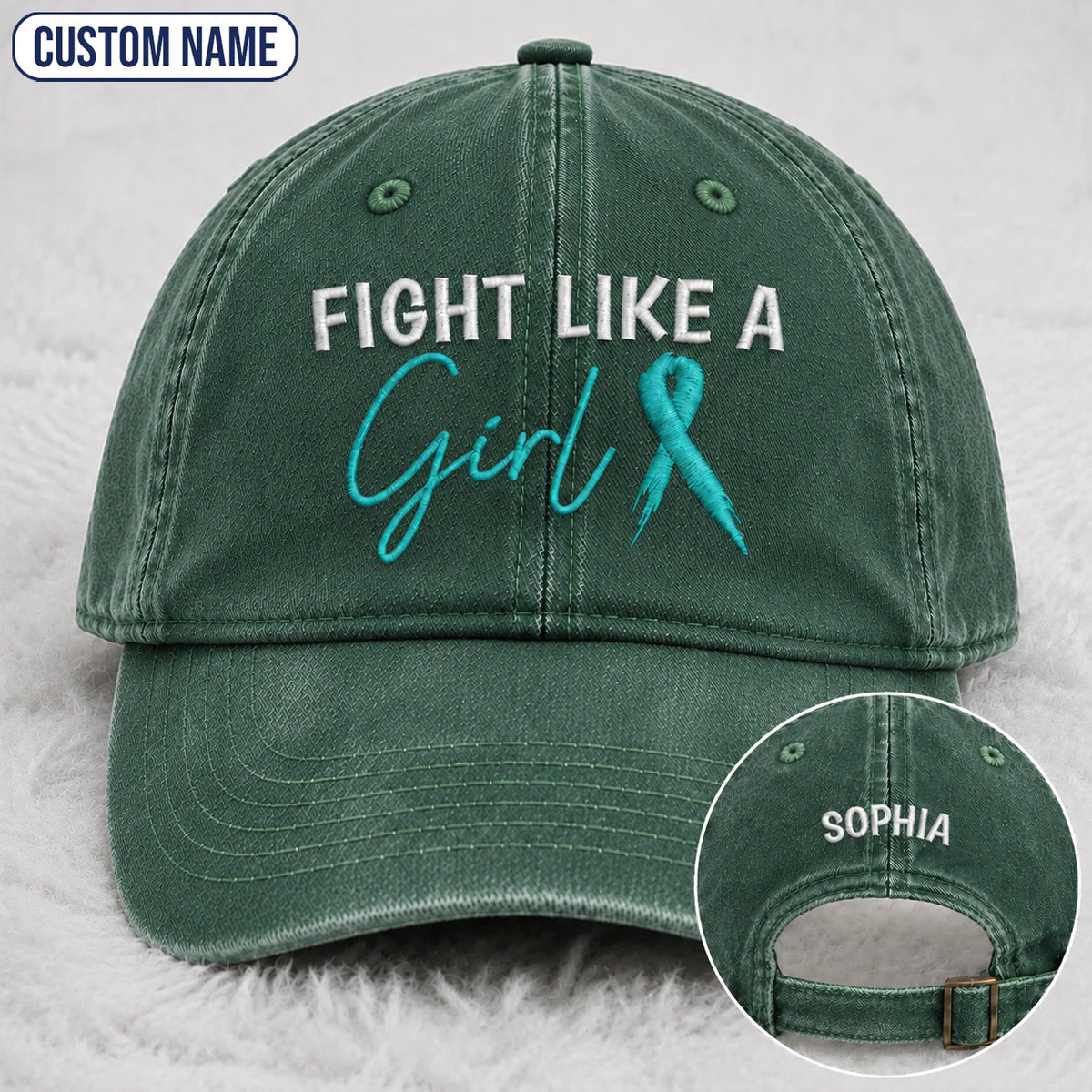 Personalized Fight Like A Girl Teal Ribbon Embroidered Washed Cap