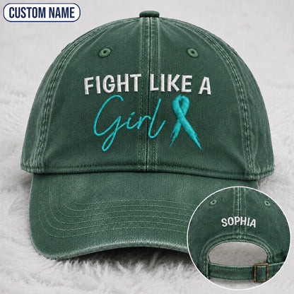 Personalized Fight Like A Girl Teal Ribbon Embroidered Washed Cap