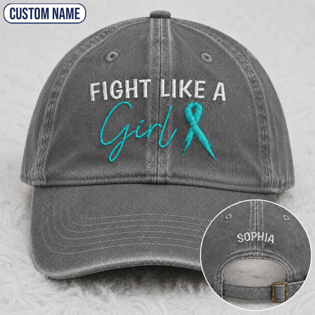Personalized Fight Like A Girl Teal Ribbon Embroidered Washed Cap