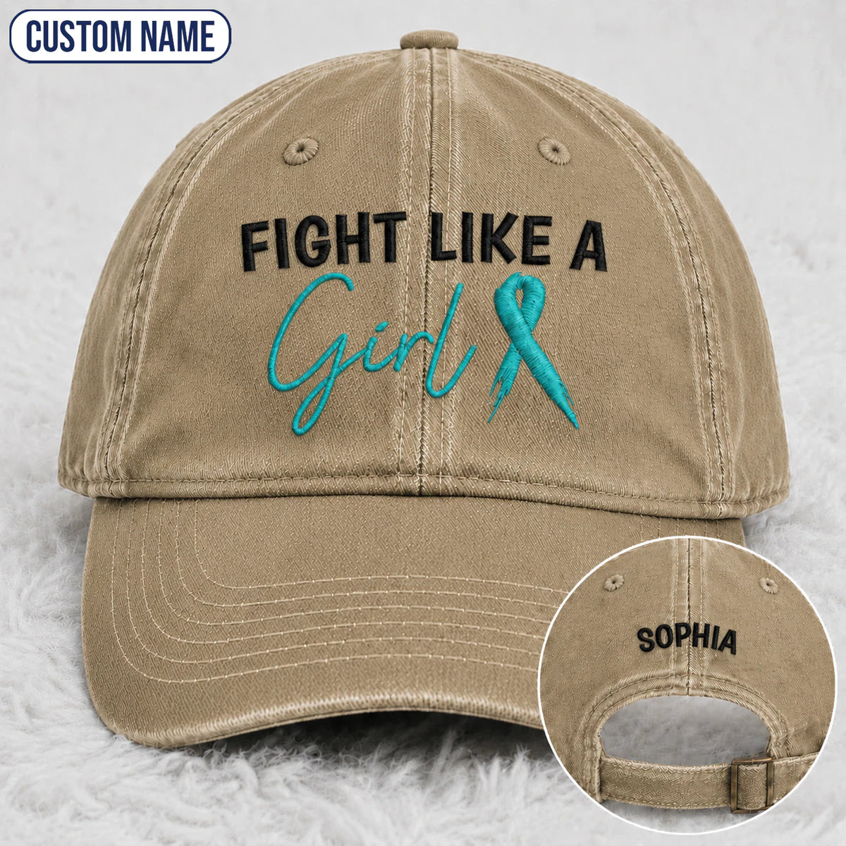 Personalized Fight Like A Girl Teal Ribbon Embroidered Washed Cap