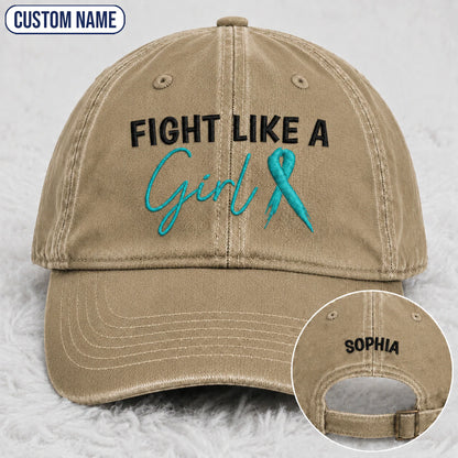 Personalized Fight Like A Girl Teal Ribbon Embroidered Washed Cap