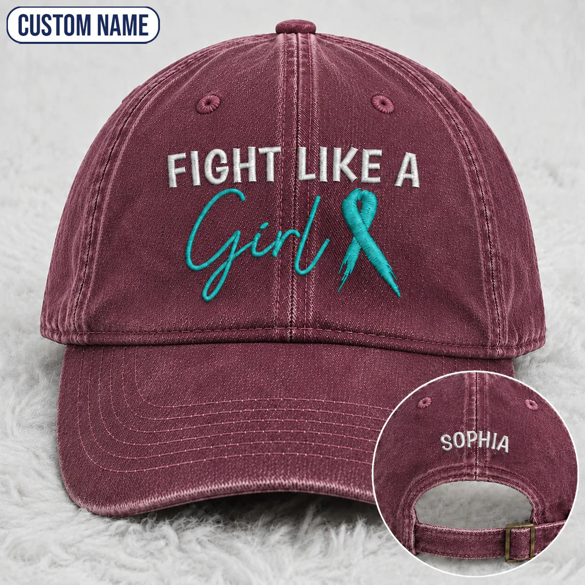 Personalized Fight Like A Girl Teal Ribbon Embroidered Washed Cap