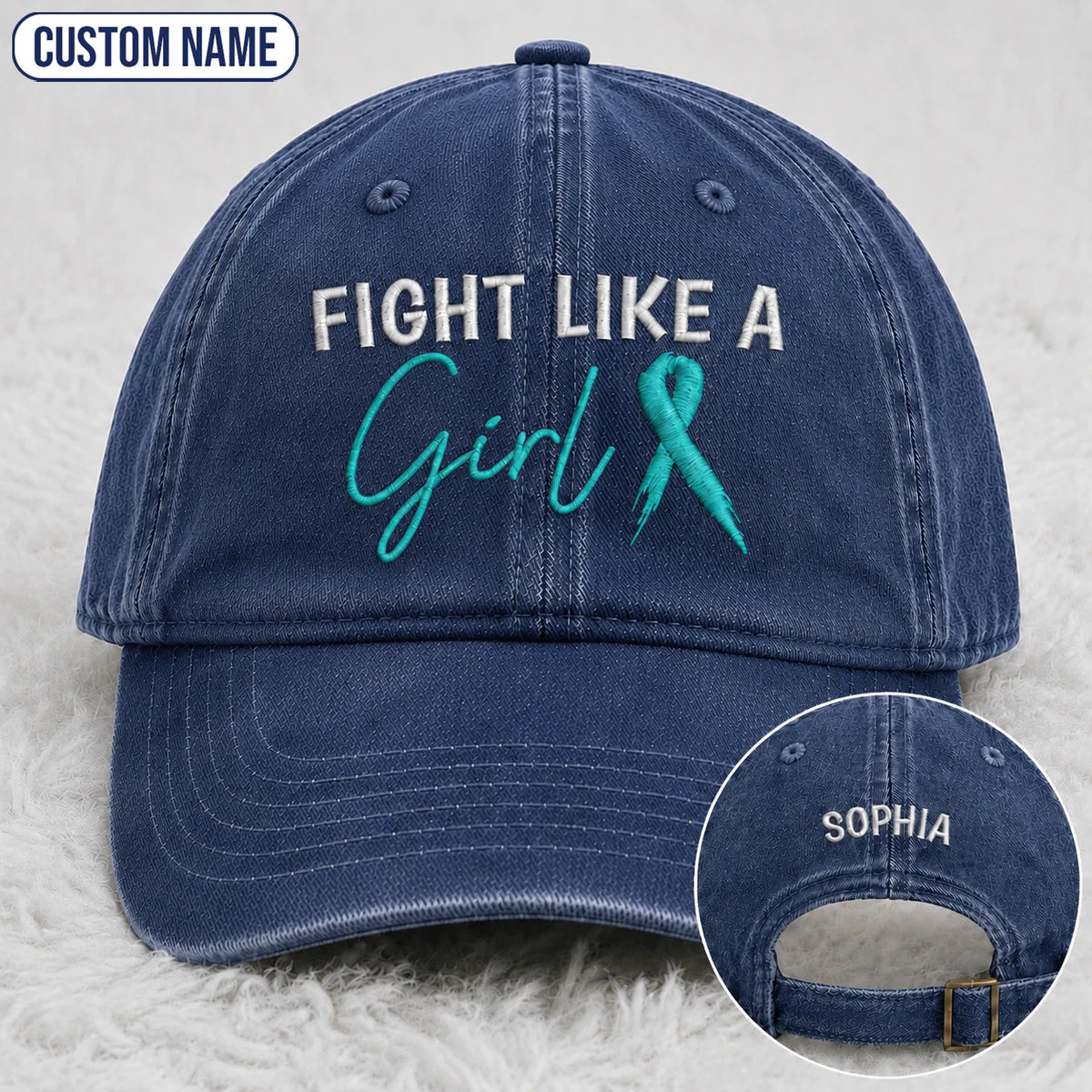 Personalized Fight Like A Girl Teal Ribbon Embroidered Washed Cap