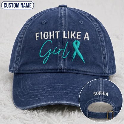 Personalized Fight Like A Girl Teal Ribbon Embroidered Washed Cap
