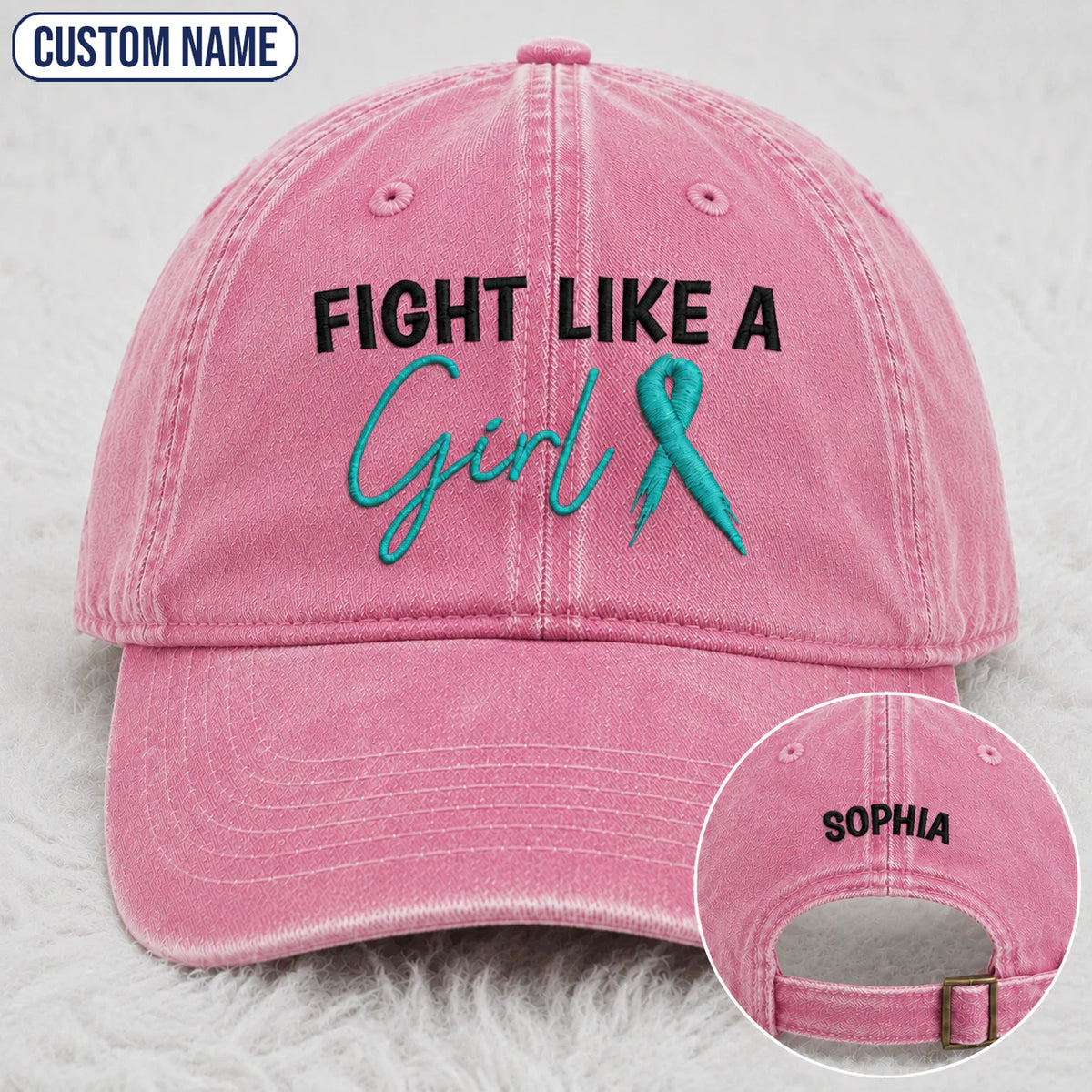 Personalized Fight Like A Girl Teal Ribbon Embroidered Washed Cap