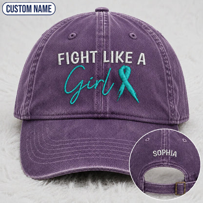 Personalized Fight Like A Girl Teal Ribbon Embroidered Washed Cap