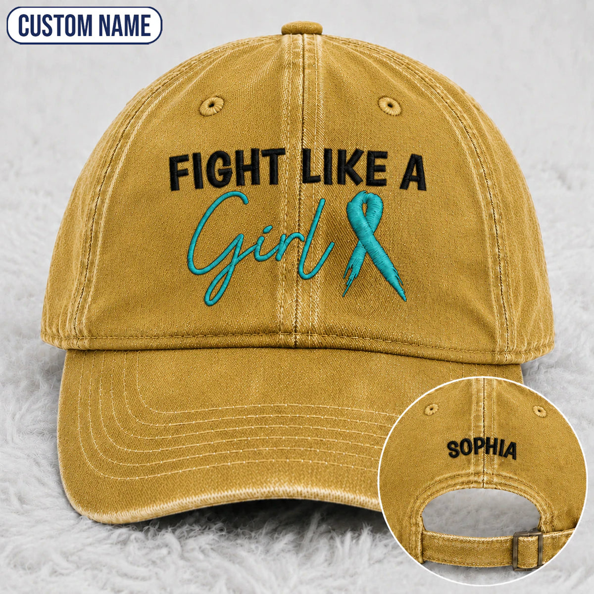 Personalized Fight Like A Girl Teal Ribbon Embroidered Washed Cap
