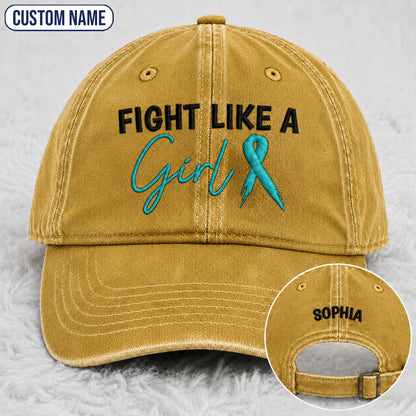 Personalized Fight Like A Girl Teal Ribbon Embroidered Washed Cap