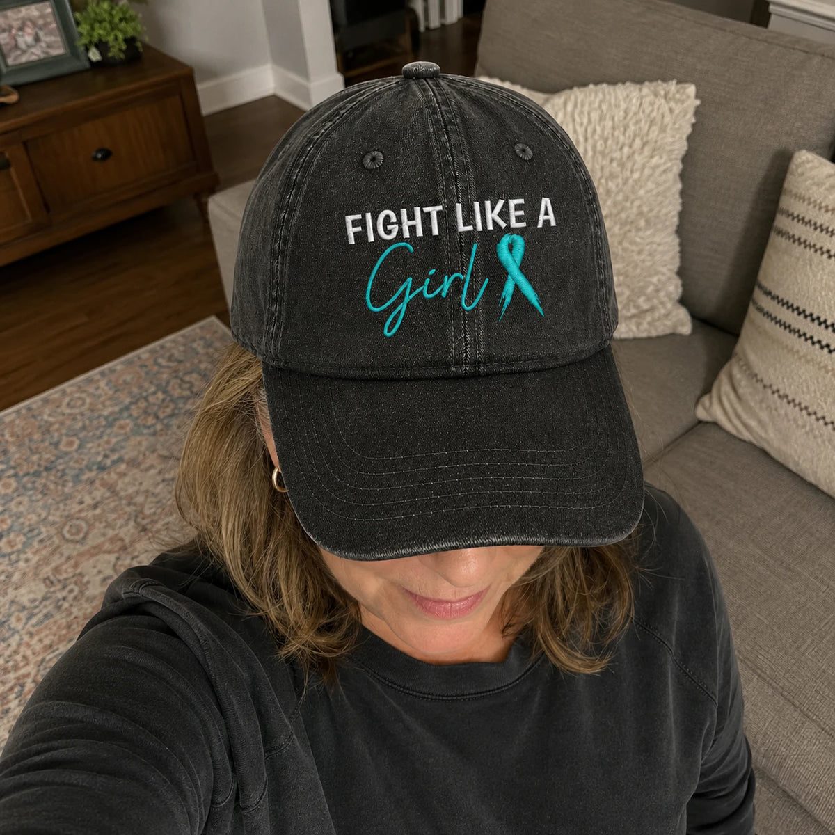 Personalized Fight Like A Girl Teal Ribbon Embroidered Washed Cap