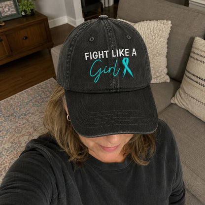 Personalized Fight Like A Girl Teal Ribbon Embroidered Washed Cap