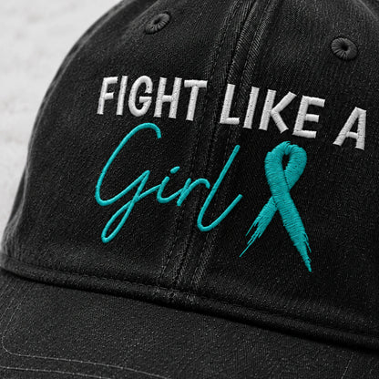 Personalized Fight Like A Girl Teal Ribbon Embroidered Washed Cap
