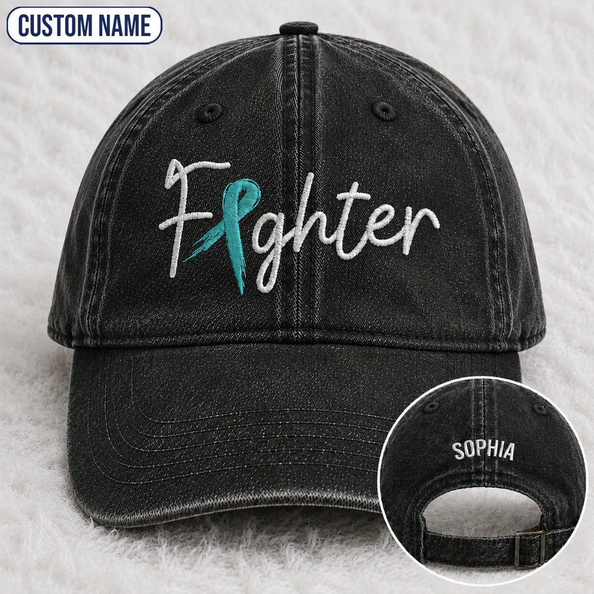 Personalized Fighter Teal Ribbon Embroidered Washed Cap