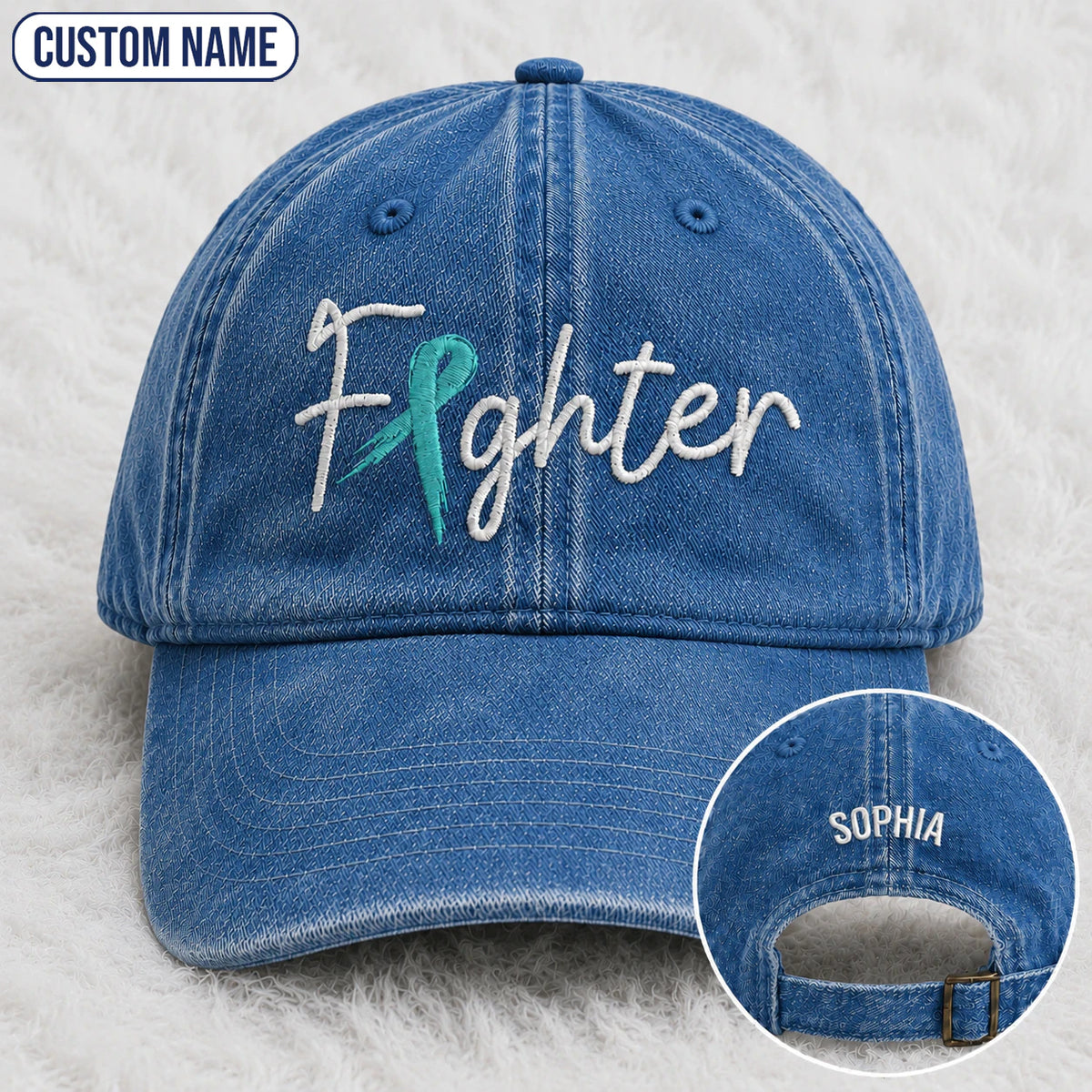 Personalized Fighter Teal Ribbon Embroidered Washed Cap