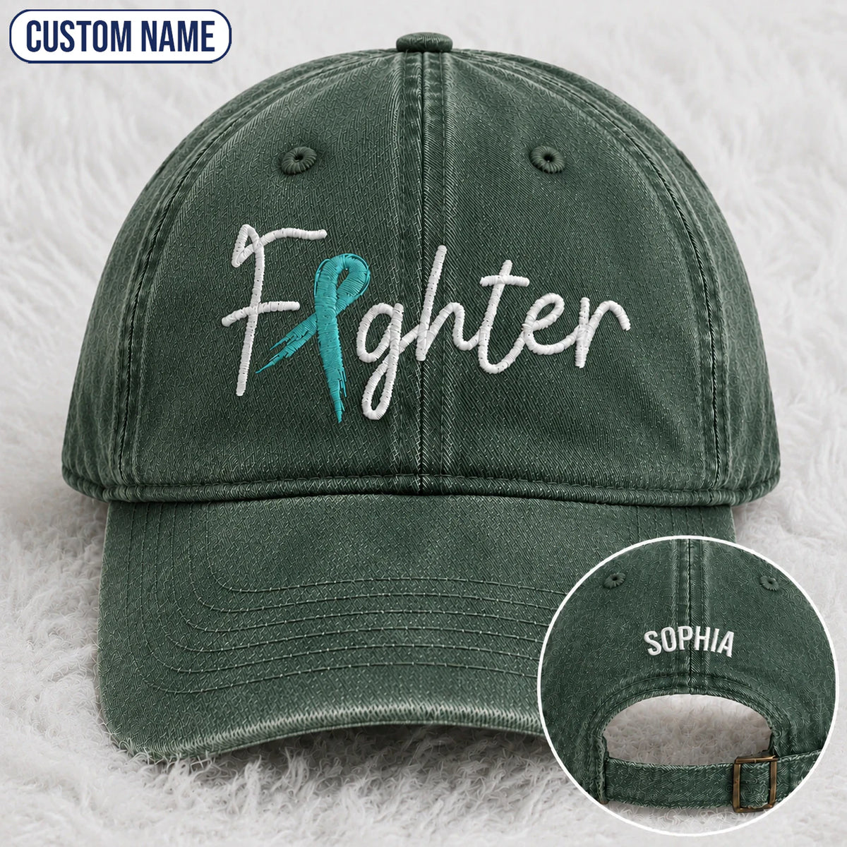 Personalized Fighter Teal Ribbon Embroidered Washed Cap