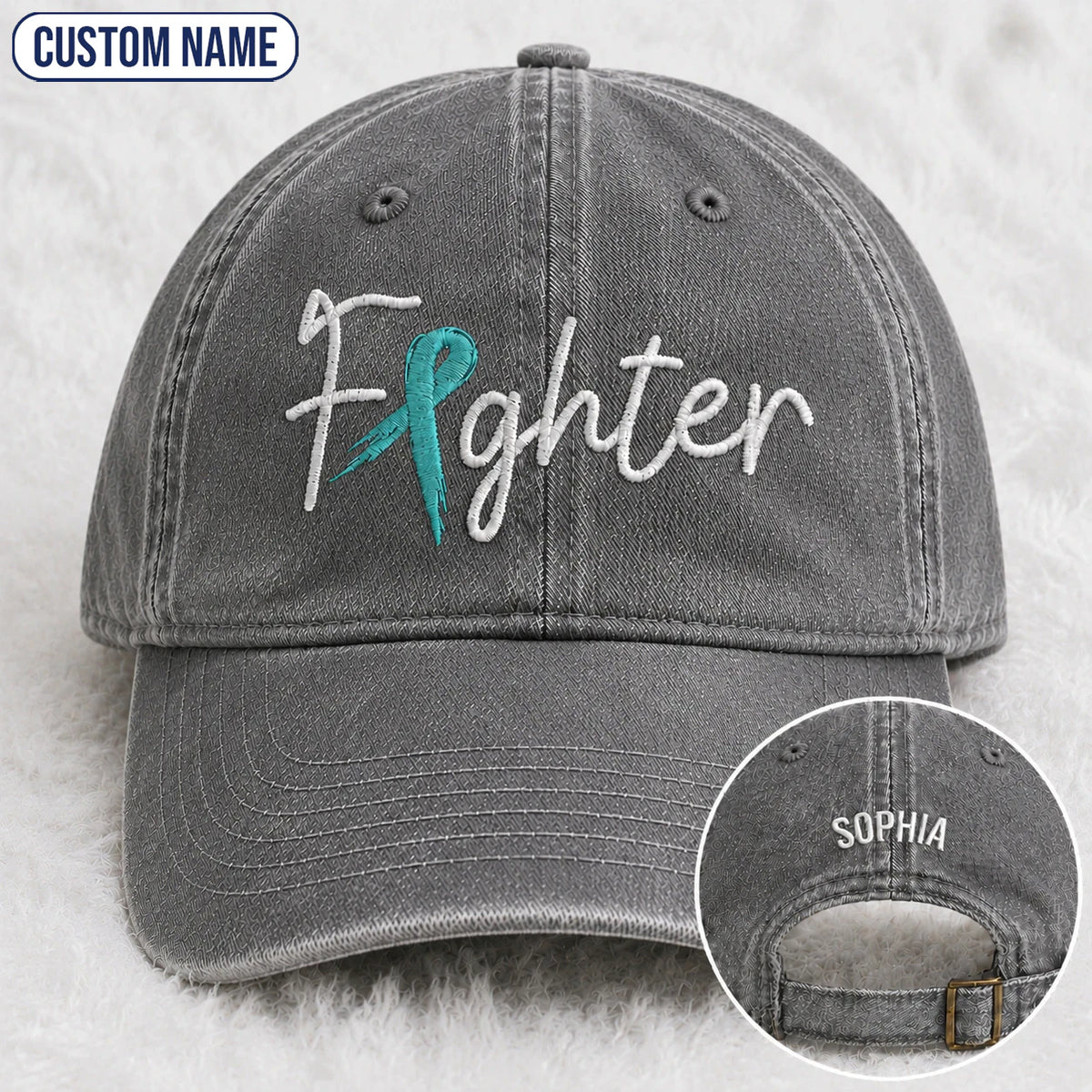 Personalized Fighter Teal Ribbon Embroidered Washed Cap