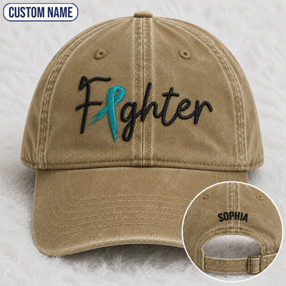 Personalized Fighter Teal Ribbon Embroidered Washed Cap