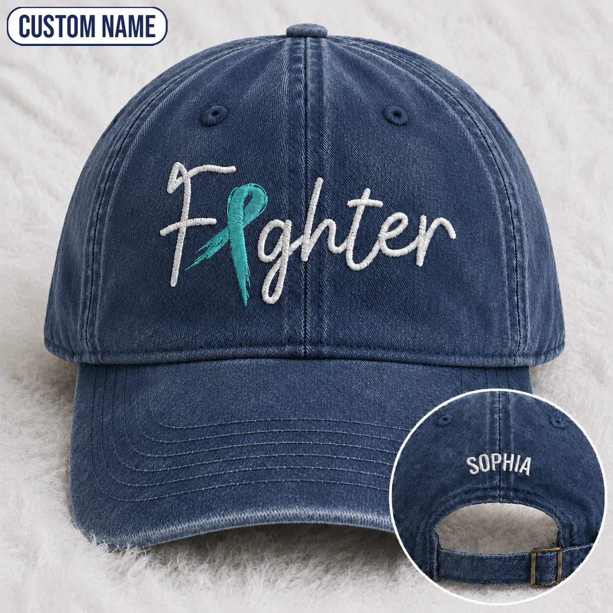 Personalized Fighter Teal Ribbon Embroidered Washed Cap