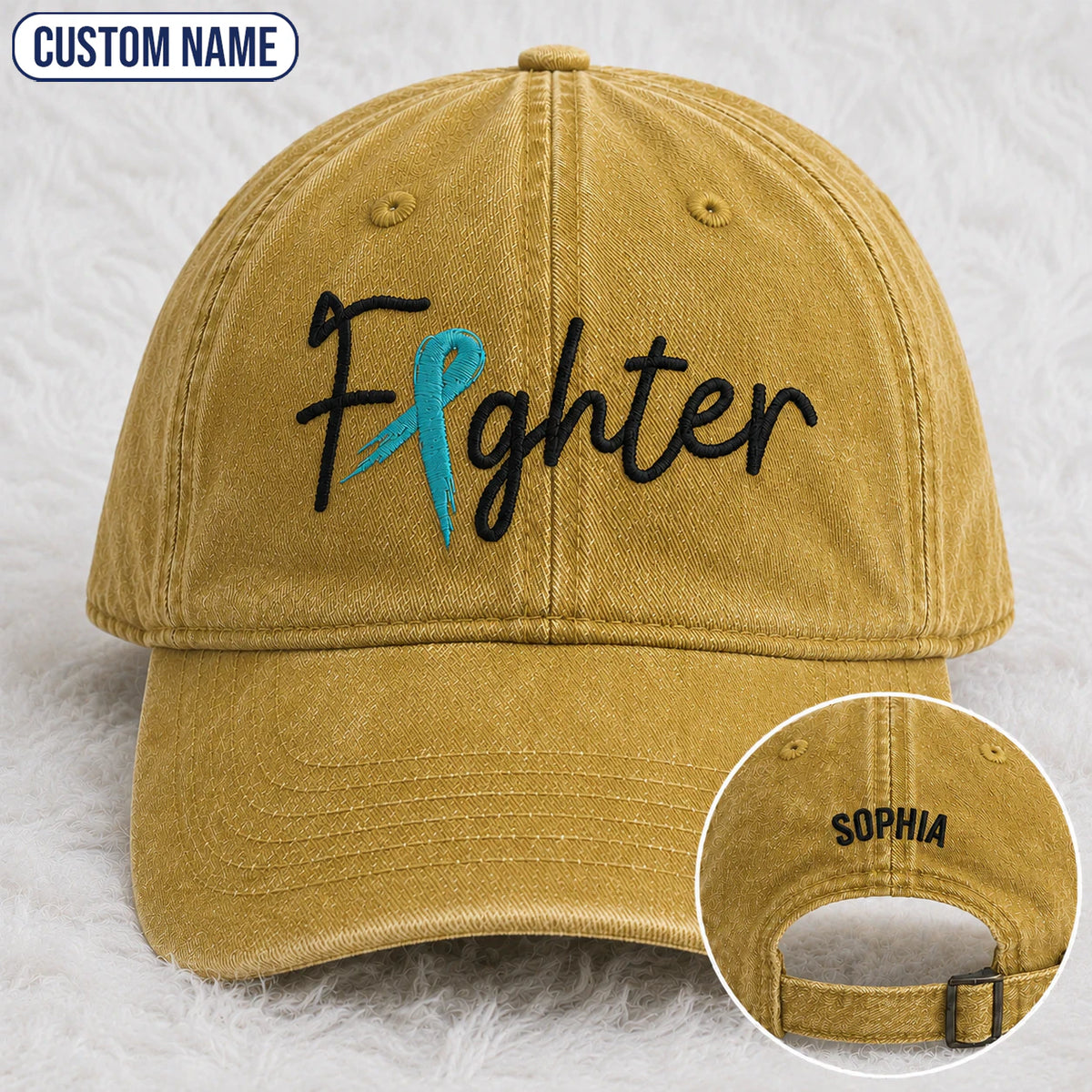 Personalized Fighter Teal Ribbon Embroidered Washed Cap