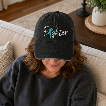 Personalized Fighter Teal Ribbon Embroidered Washed Cap
