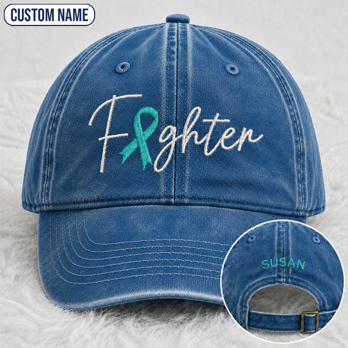 Personalized Fighter V2 Teal Ribbon Embroidered Washed Cap