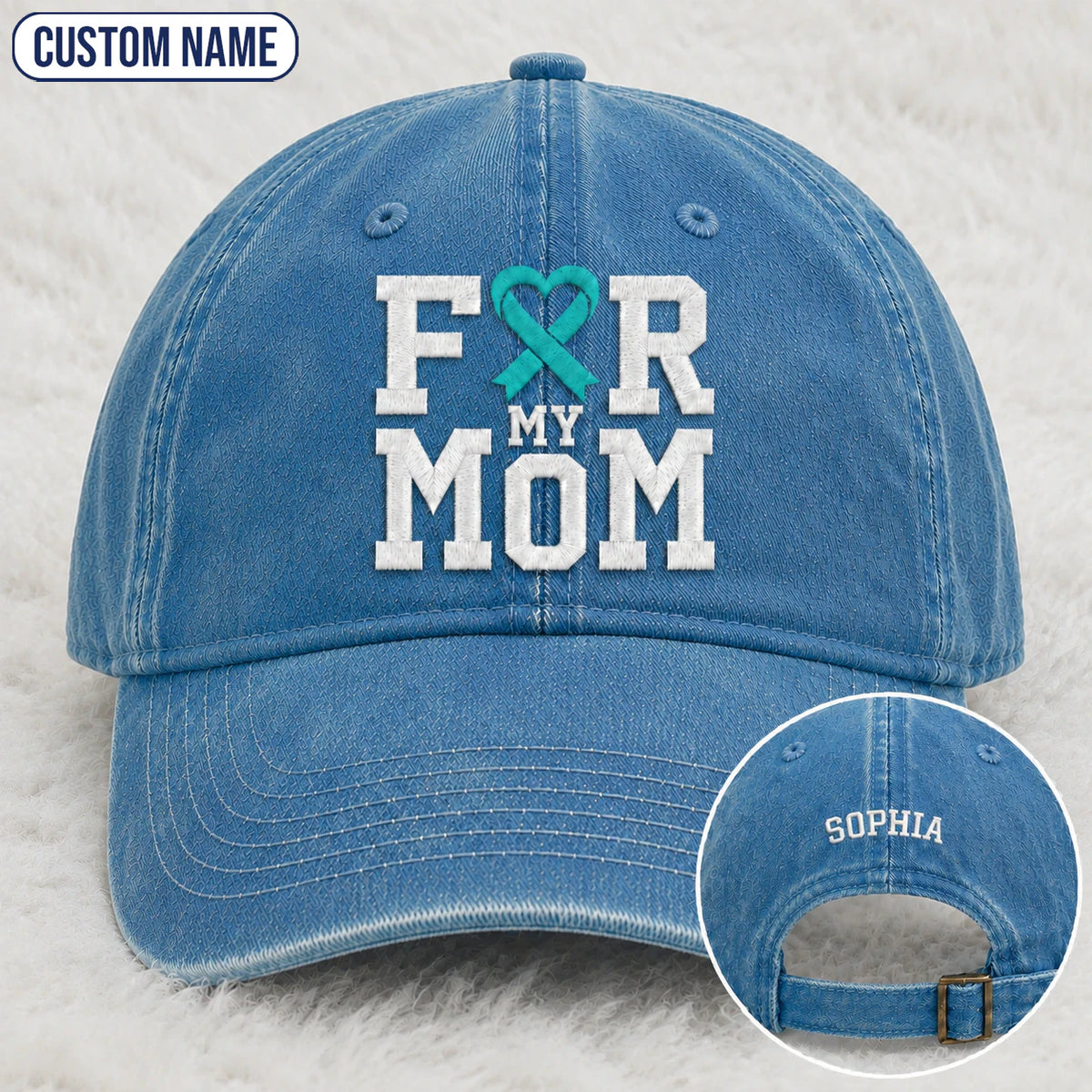 Personalized For My Mom Teal Ribbon Embroidered Washed Cap