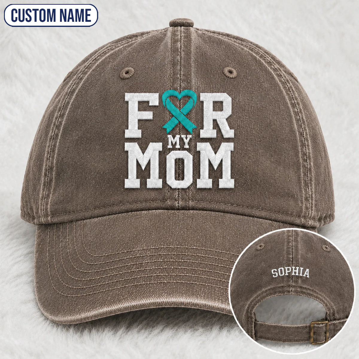 Personalized For My Mom Teal Ribbon Embroidered Washed Cap