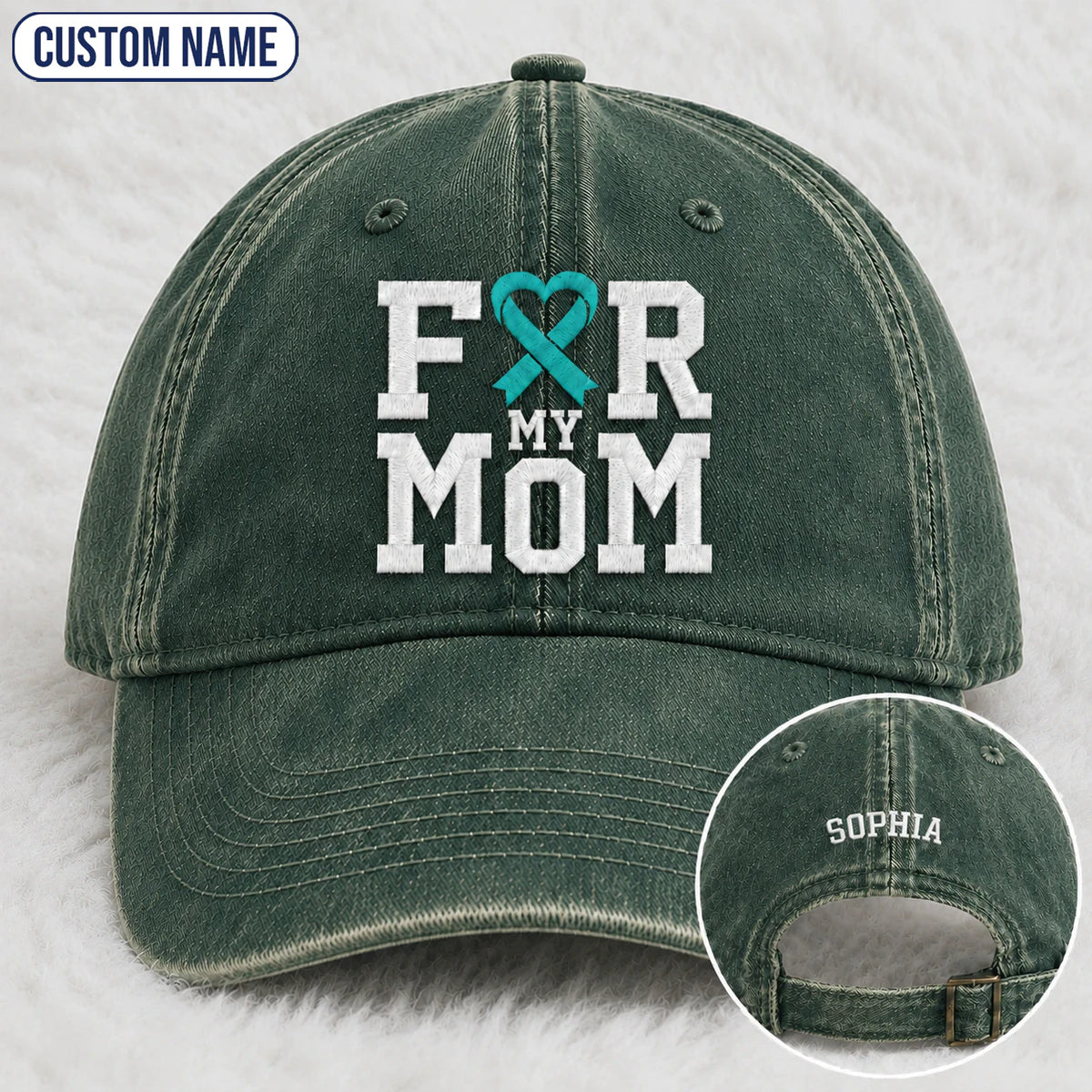 Personalized For My Mom Teal Ribbon Embroidered Washed Cap