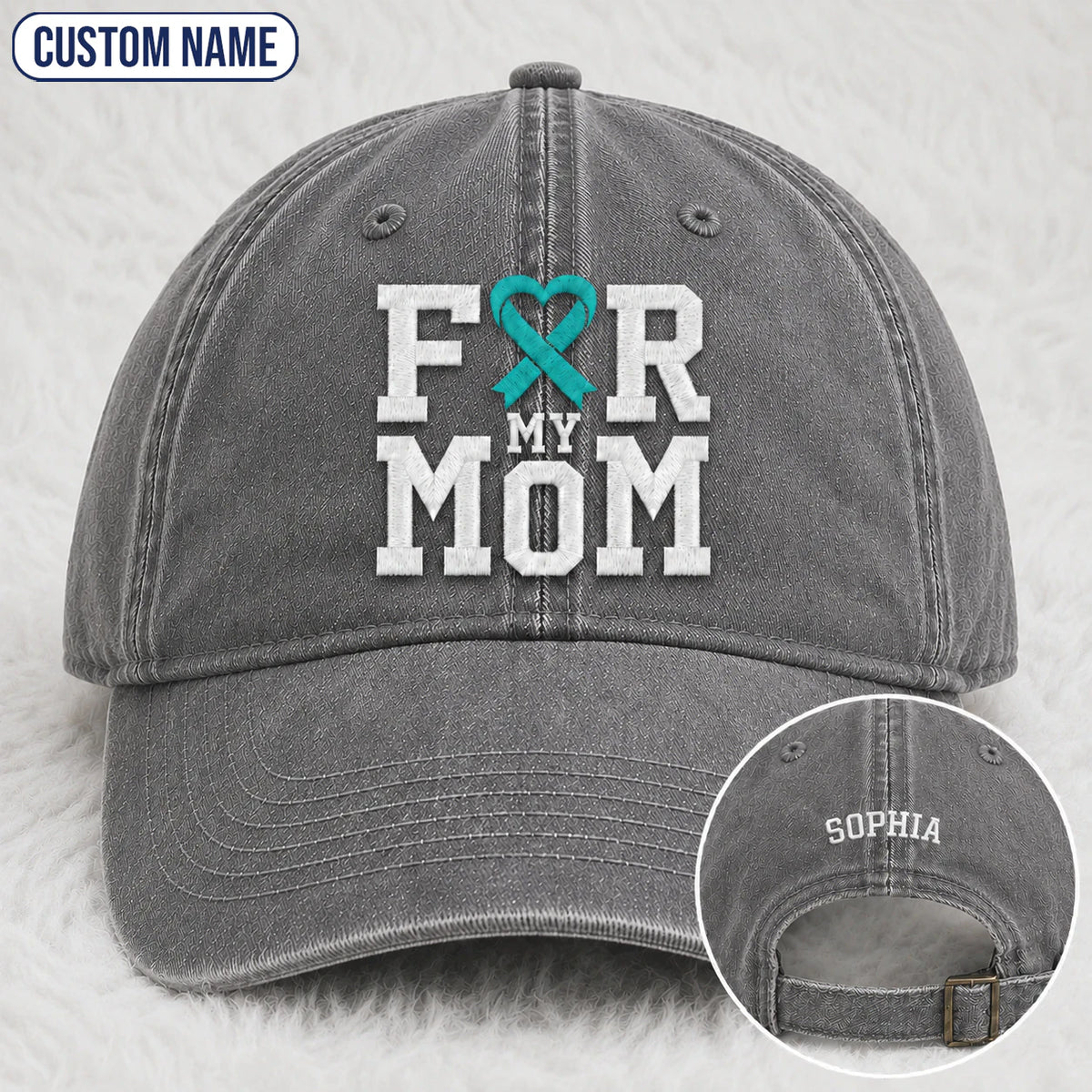 Personalized For My Mom Teal Ribbon Embroidered Washed Cap