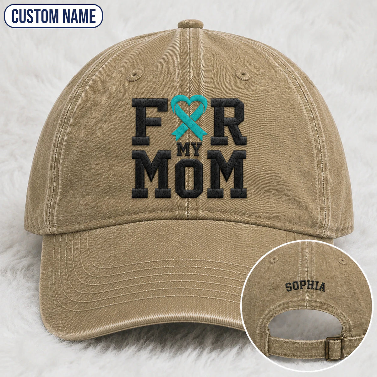 Personalized For My Mom Teal Ribbon Embroidered Washed Cap