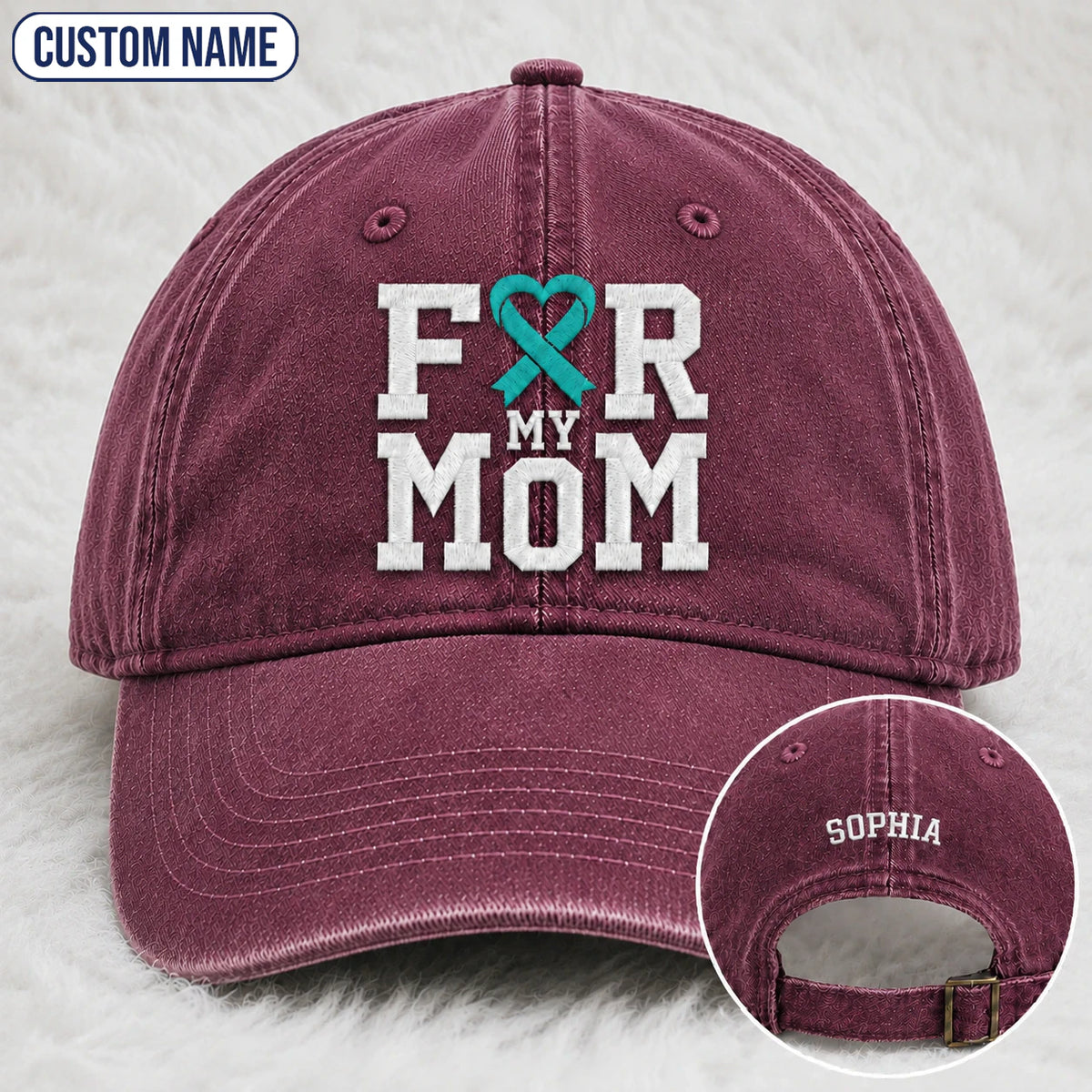 Personalized For My Mom Teal Ribbon Embroidered Washed Cap