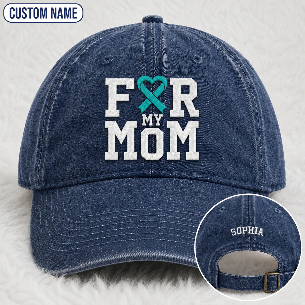 Personalized For My Mom Teal Ribbon Embroidered Washed Cap