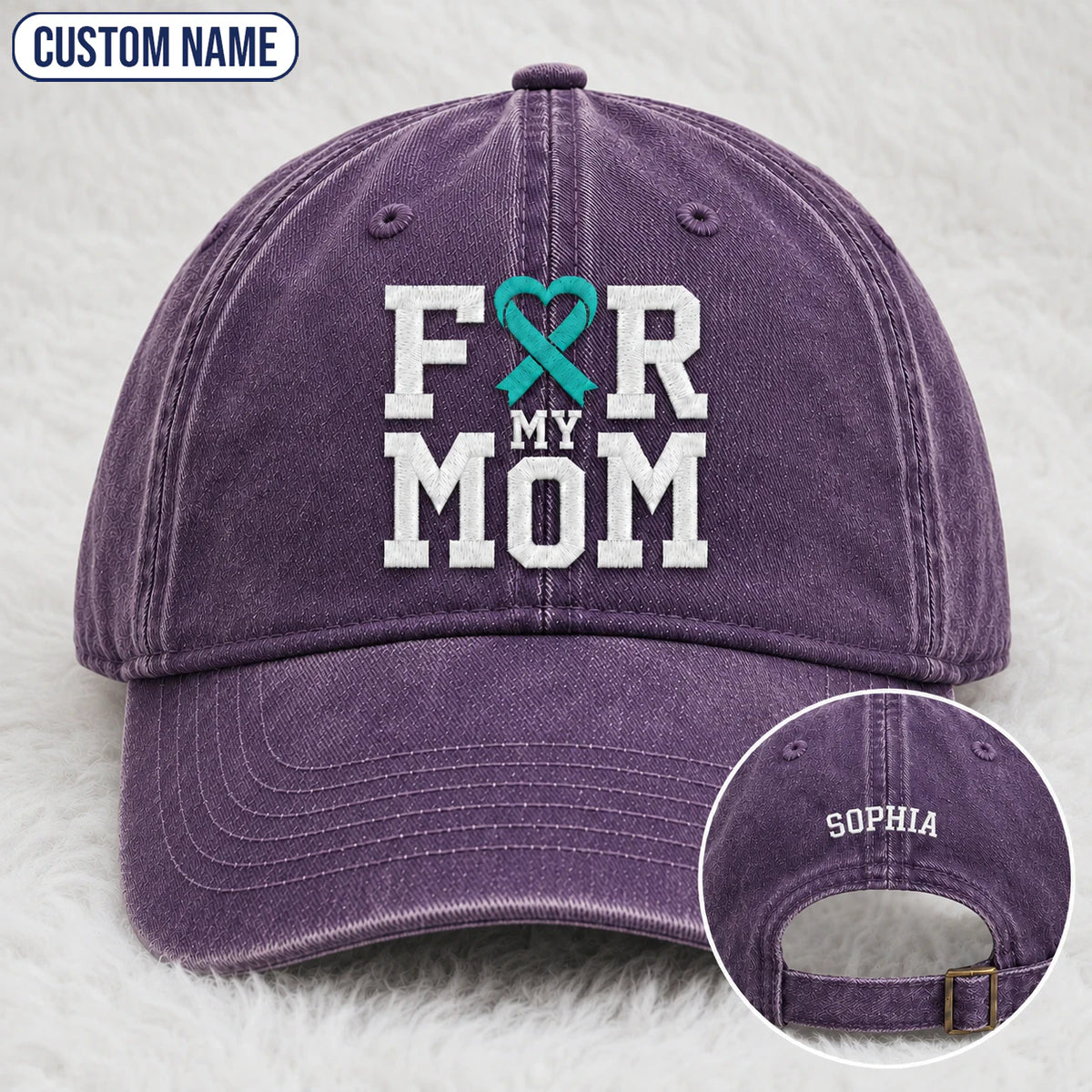Personalized For My Mom Teal Ribbon Embroidered Washed Cap