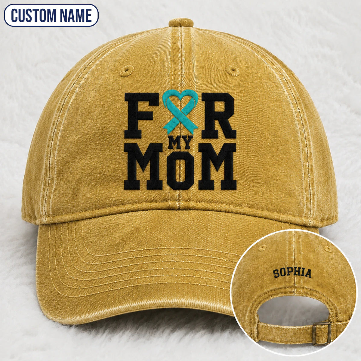 Personalized For My Mom Teal Ribbon Embroidered Washed Cap