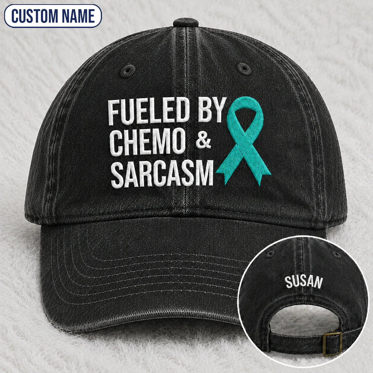 Personalized Fueled By Sarcasm Teal Ribbon Embroidered Washed Cap