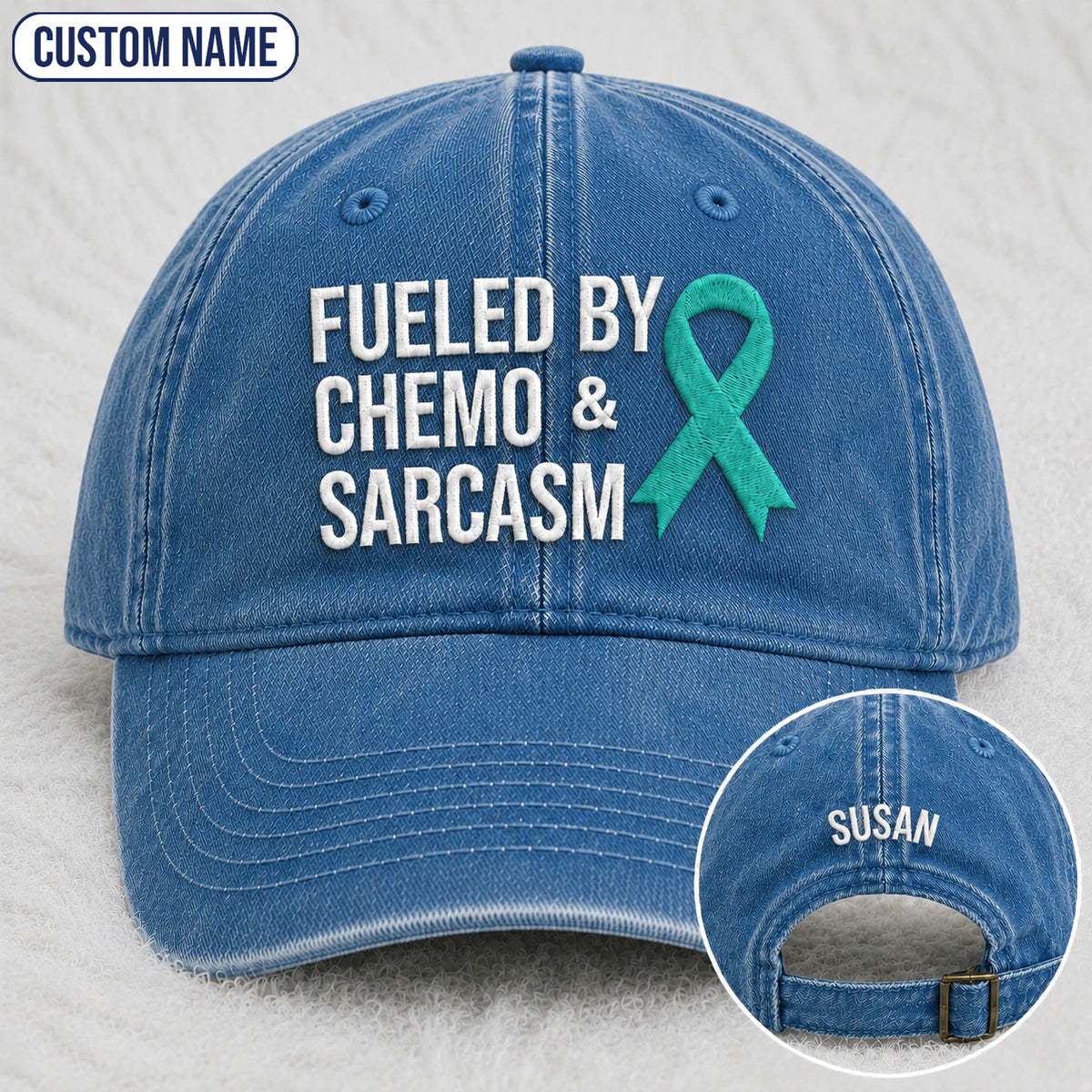 Personalized Fueled By Sarcasm Teal Ribbon Embroidered Washed Cap