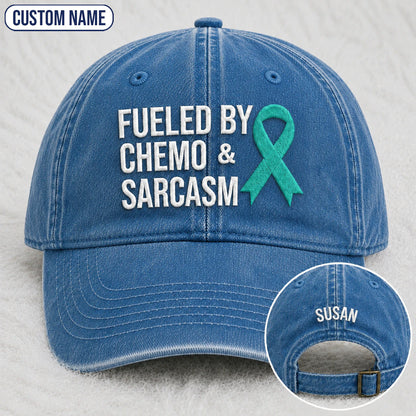 Personalized Fueled By Sarcasm Teal Ribbon Embroidered Washed Cap