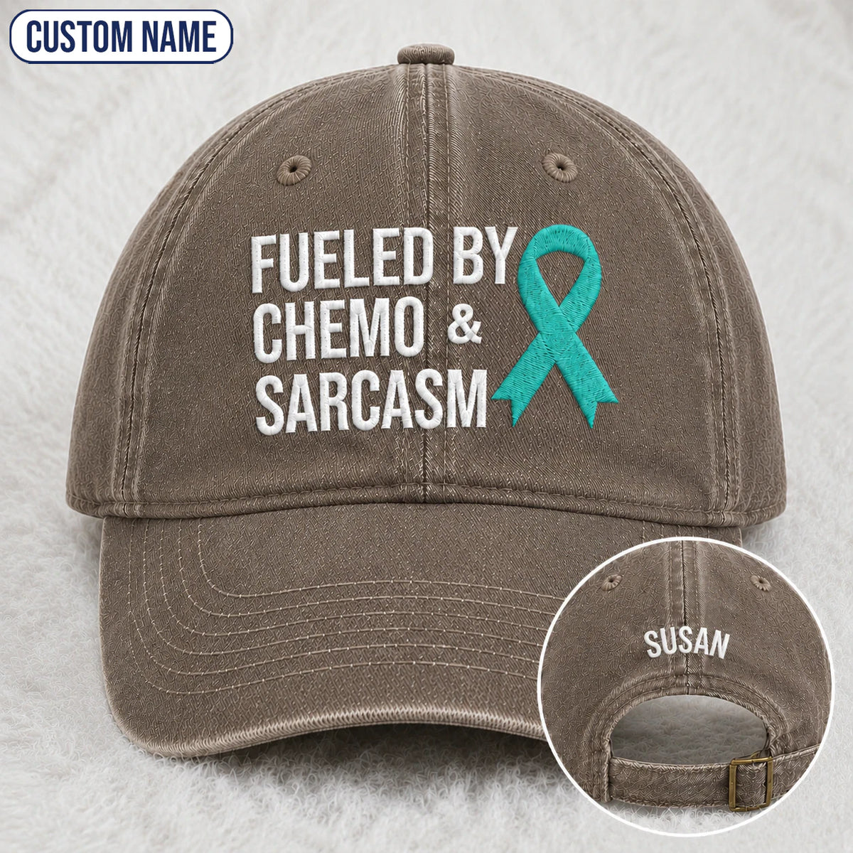 Personalized Fueled By Sarcasm Teal Ribbon Embroidered Washed Cap