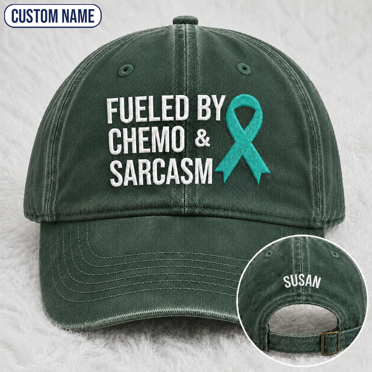 Personalized Fueled By Sarcasm Teal Ribbon Embroidered Washed Cap