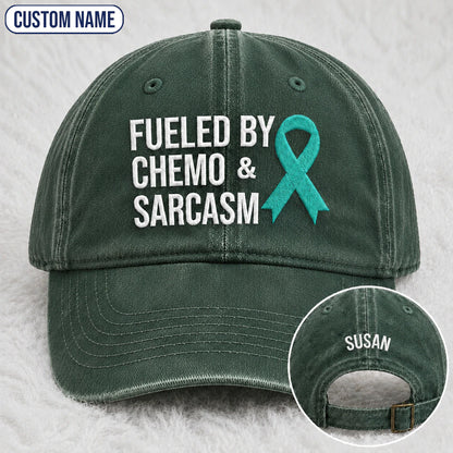 Personalized Fueled By Sarcasm Teal Ribbon Embroidered Washed Cap