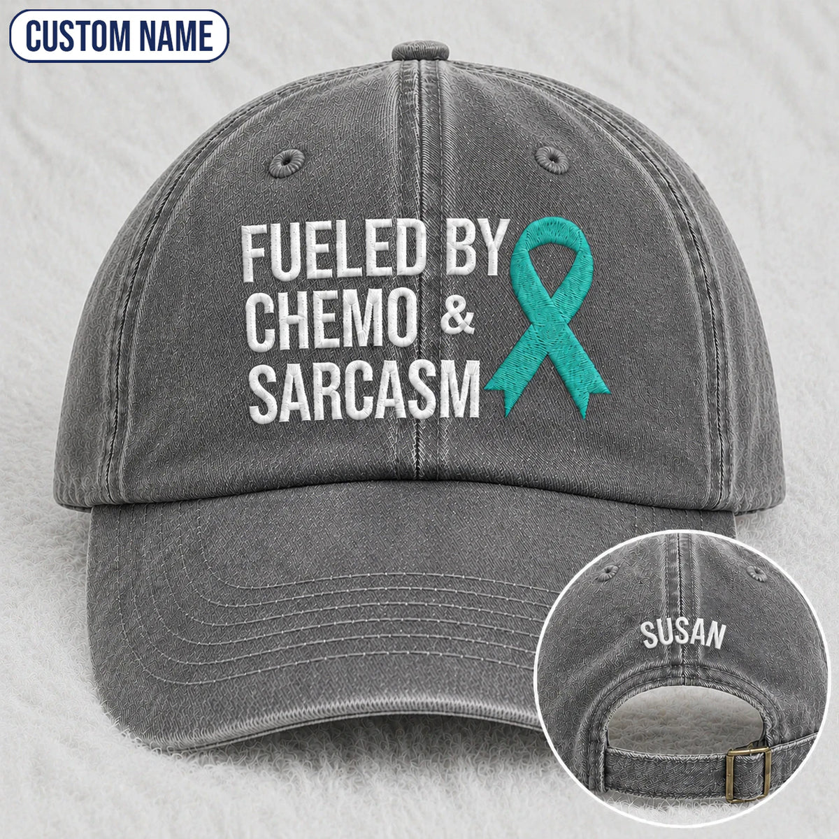 Personalized Fueled By Sarcasm Teal Ribbon Embroidered Washed Cap