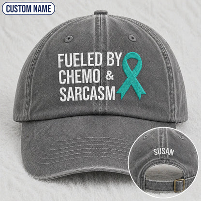 Personalized Fueled By Sarcasm Teal Ribbon Embroidered Washed Cap