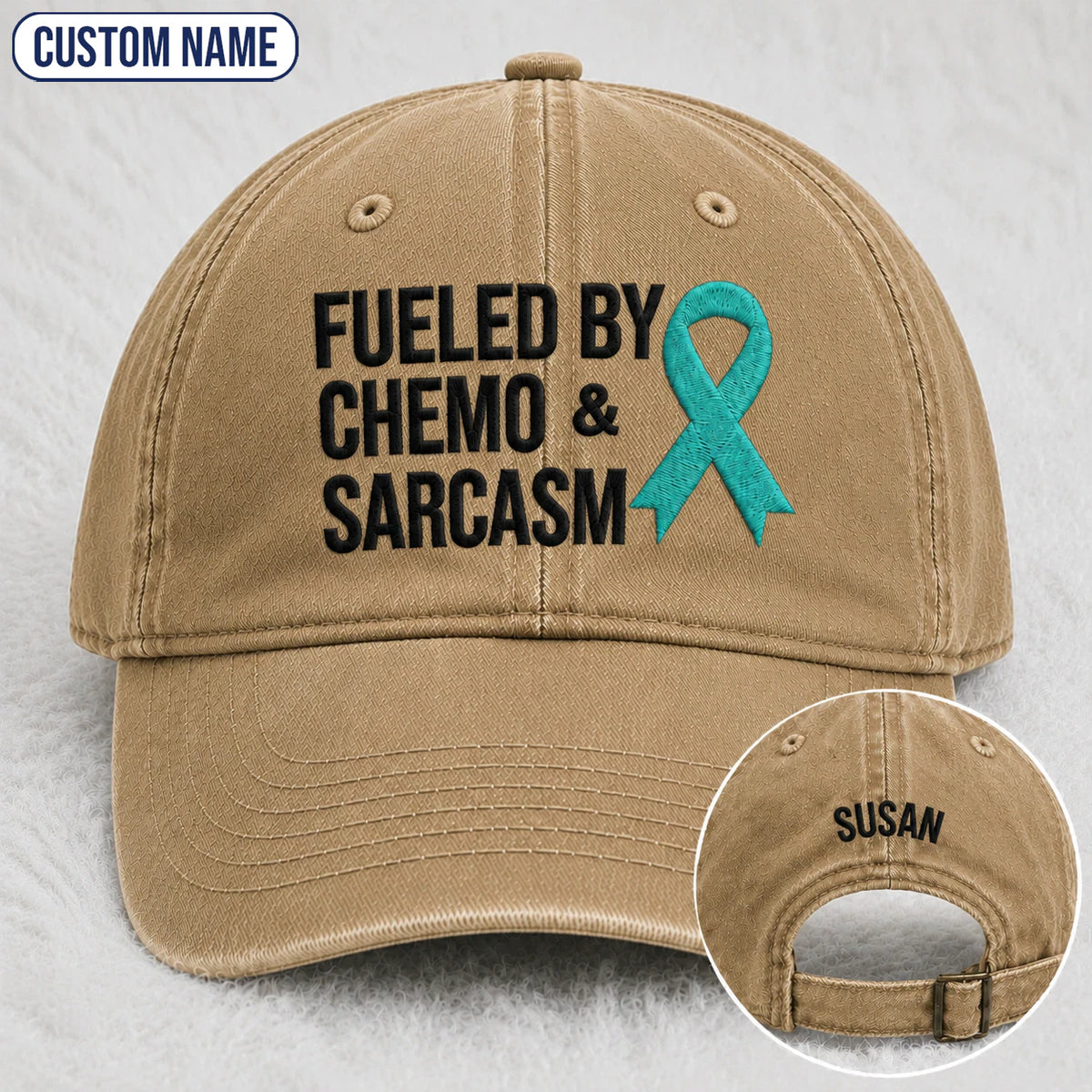 Personalized Fueled By Sarcasm Teal Ribbon Embroidered Washed Cap