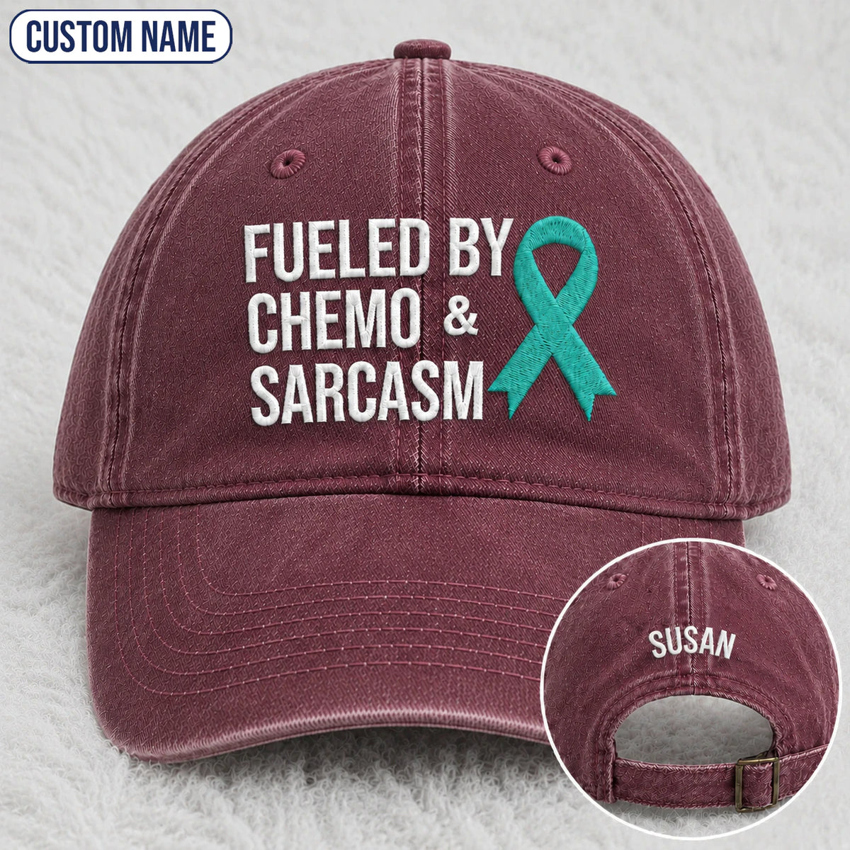 Personalized Fueled By Sarcasm Teal Ribbon Embroidered Washed Cap